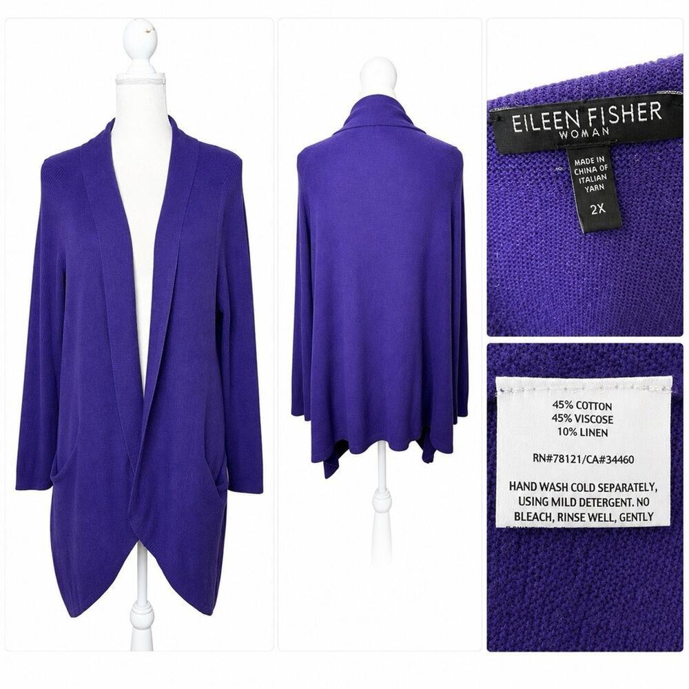 Eileen Fisher 2X Purple Tunic Length Cotton Linen Blend Open Cardigan Sweater